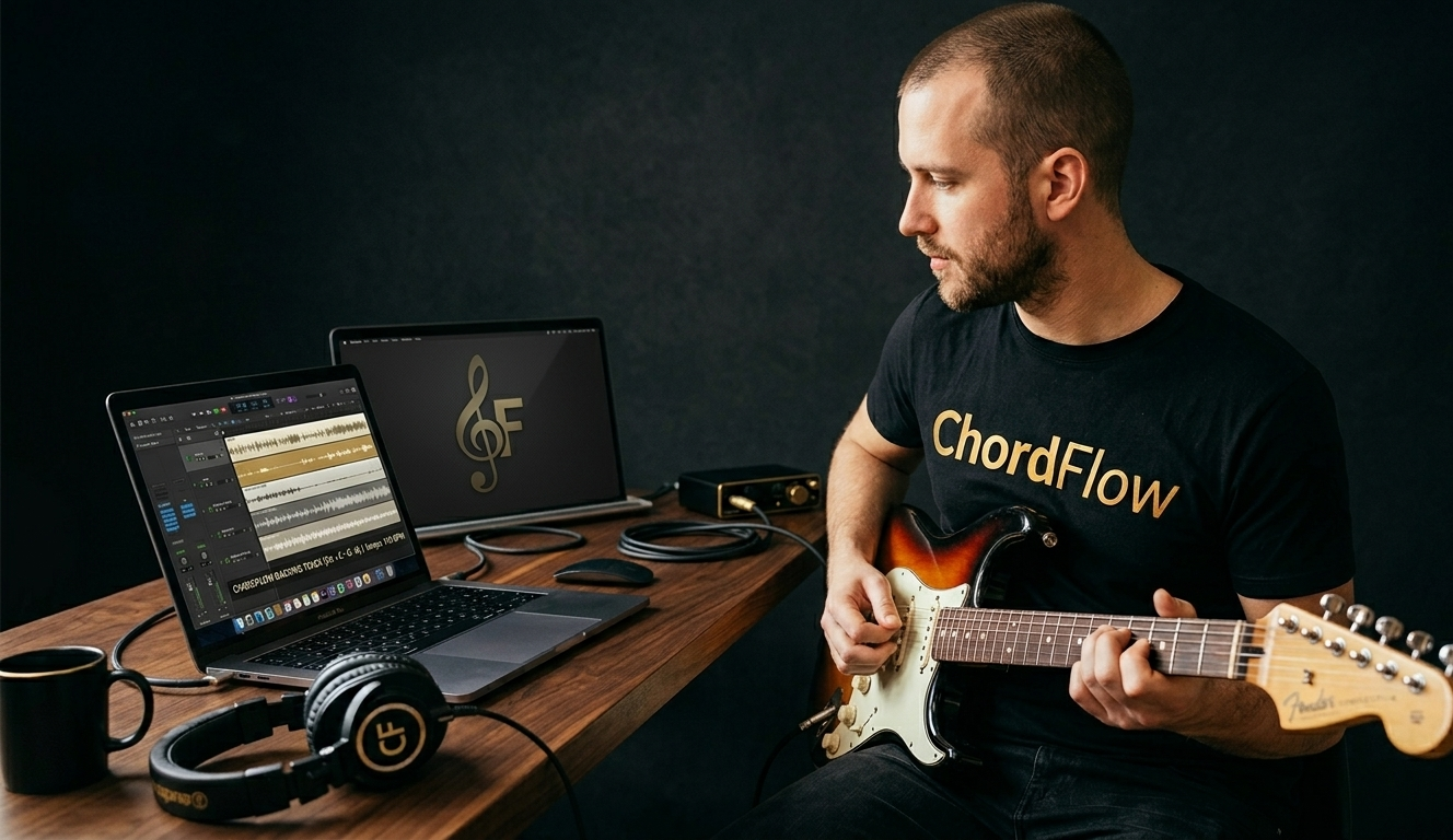 Guitarrista treinando com o software ChordFlow e notebook